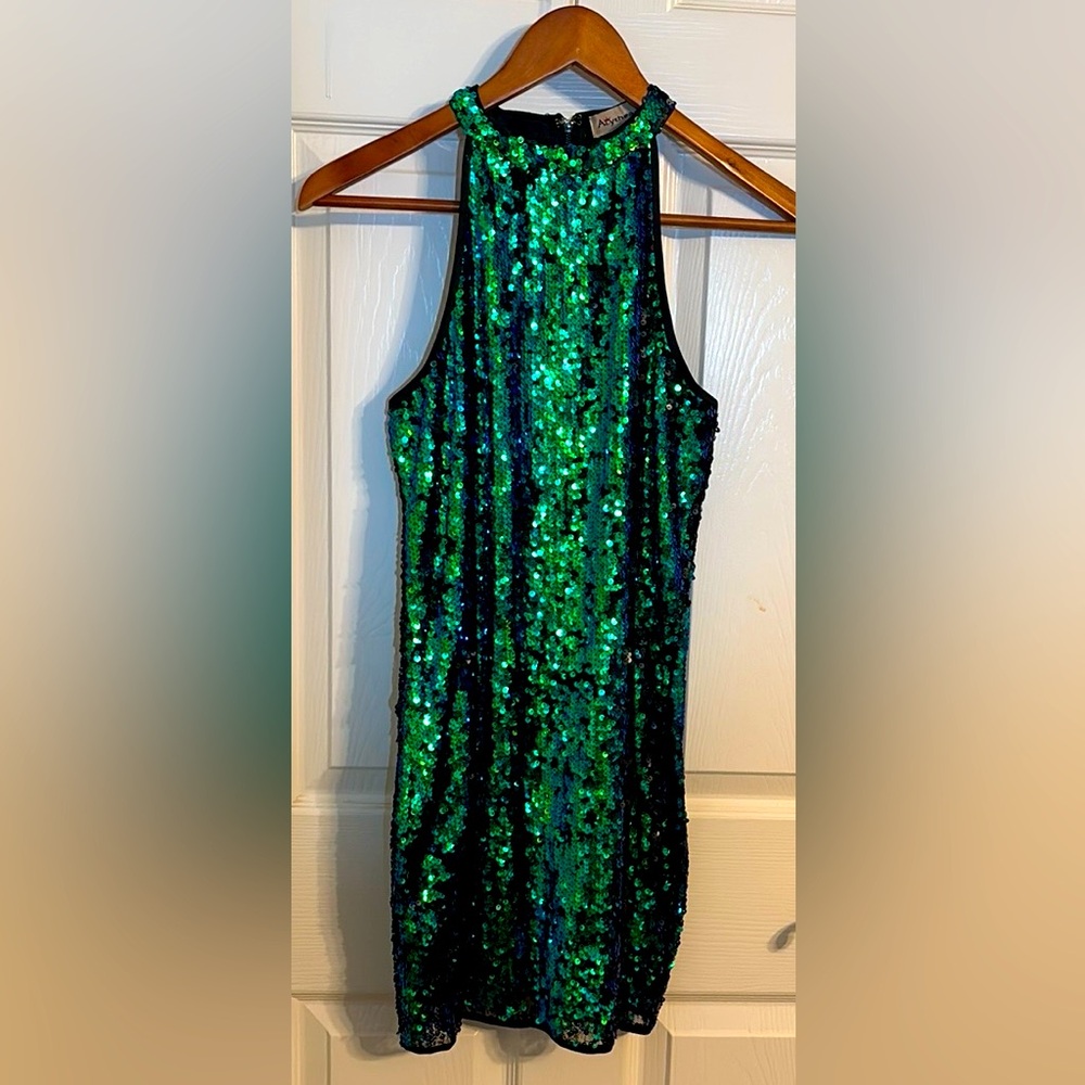 Sparkly green and blue sequin cocktail dress